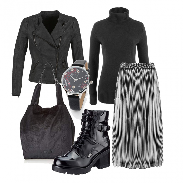 Outfit donna - Righine sulla gonna. Stile Trendy per Tutti i giorni. Abbinamento con maglieria, maglieria, minigonne, giacche, stivali, borse a mano.