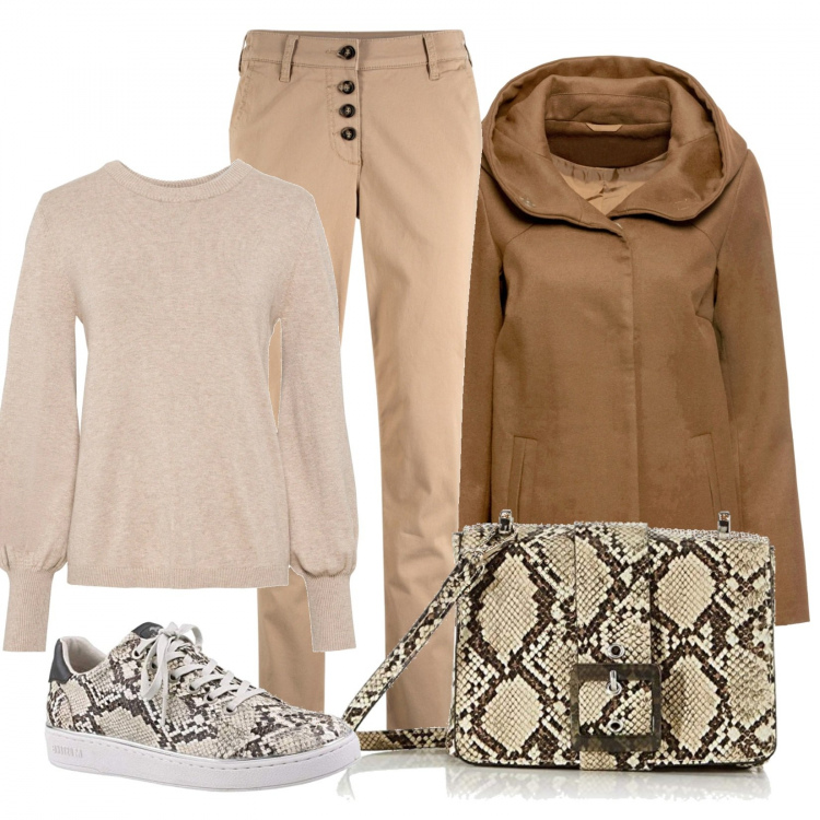 Outfit donna - In sneakers sinuosa come un serpente. Stile Basic per Tutti i giorni. Abbinamento con shorts, maglieria, blazer, sneakers, borse a tracolla.