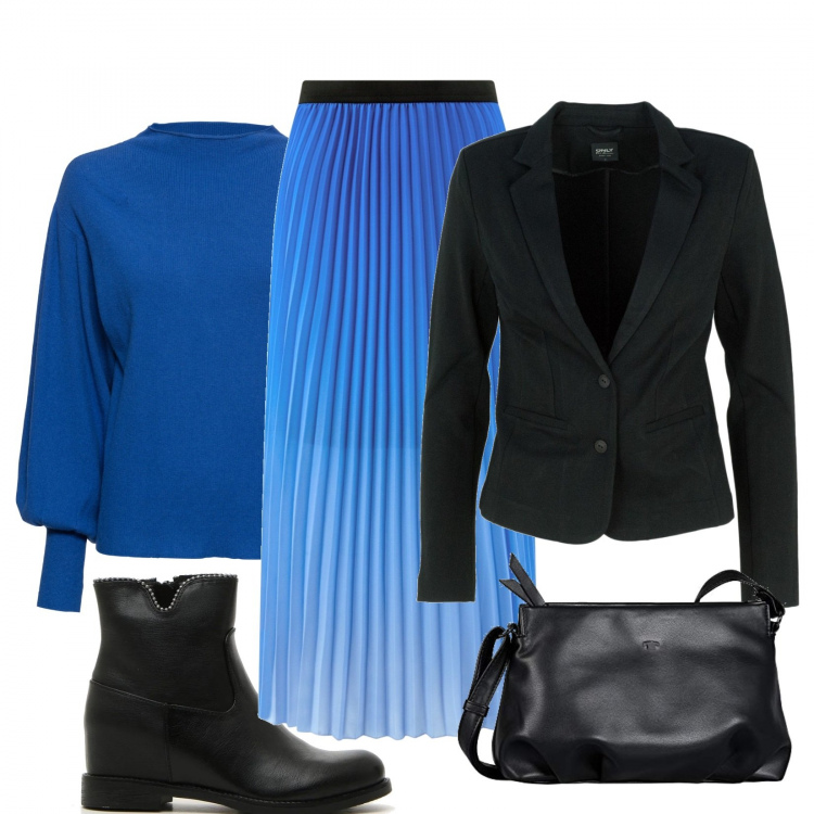 Outfit donna - Nero azzurra. Stile Urban per Tutti i giorni. Abbinamento con maglieria, blazer, gonne lunghe, stivaletti, borse a spalla.