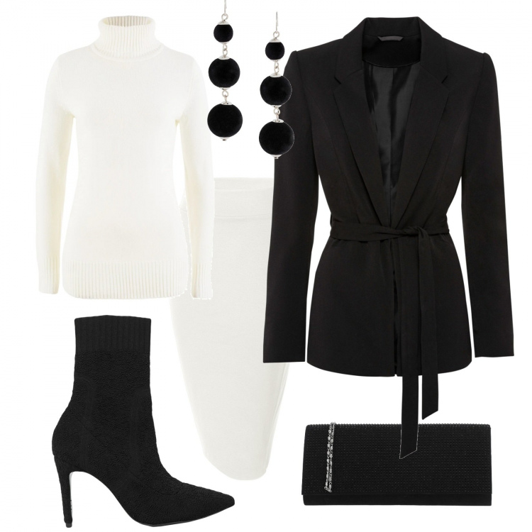 Outfit donna - Bianco e nero chic e sensuale. Stile Sexy per Serata fuori. Abbinamento con maglieria, blazer, orecchini, borse a mano, stivaletti, gonne longuette.
