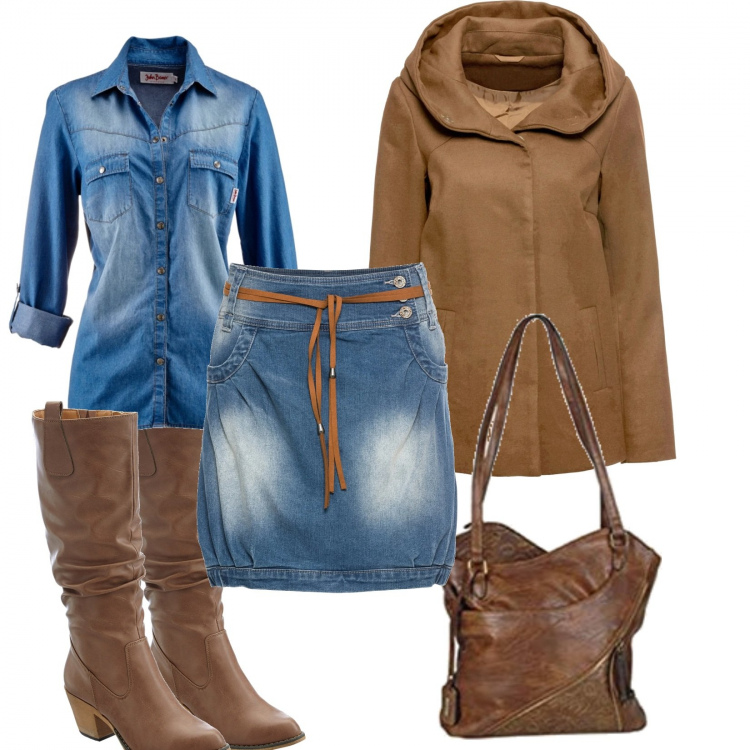 Outfit donna - Denim e pelle. Stile Trendy per Tutti i giorni. Abbinamento con minigonne, camicie, stivali, blazer, borse a tracolla.