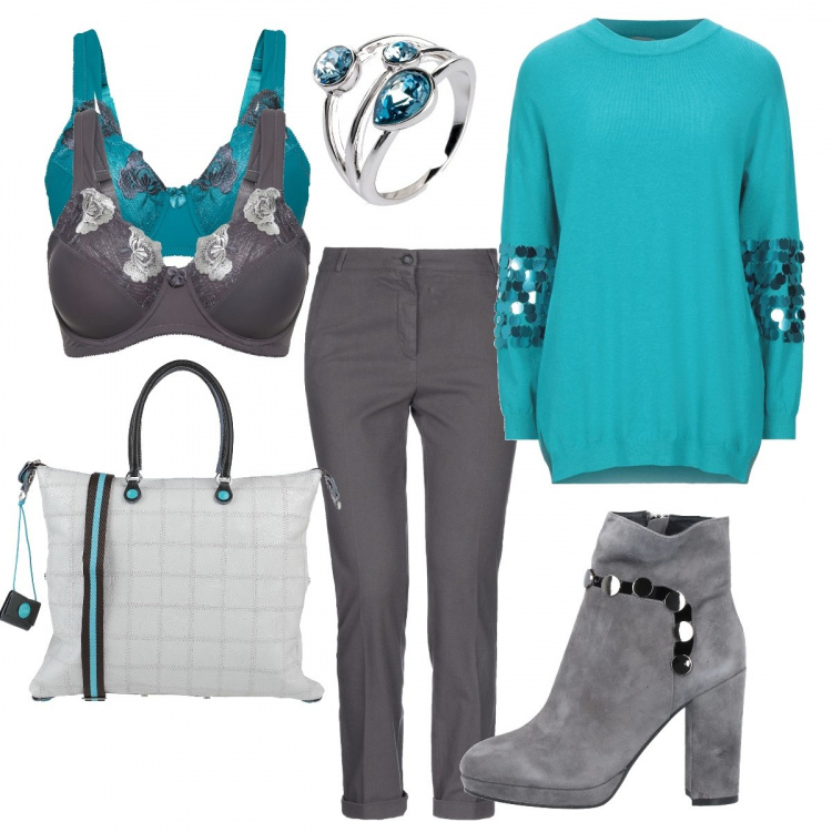 Outfit donna - Un pranzo speciale. Stile Trendy per Tutti i giorni. Abbinamento con reggiseni, anelli, pullovers, stivaletti, pantaloni, borse a mano.