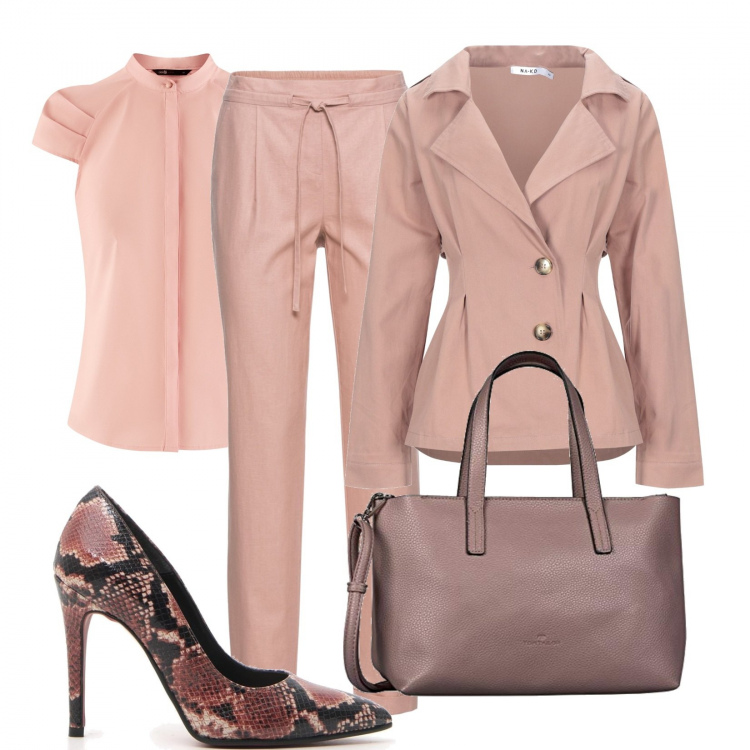 Outfit donna - Al lavoro in rosa. Stile Chic per Ufficio. Abbinamento con pantaloni, blazer, camicie a manica corta, borse tote, décolleté.