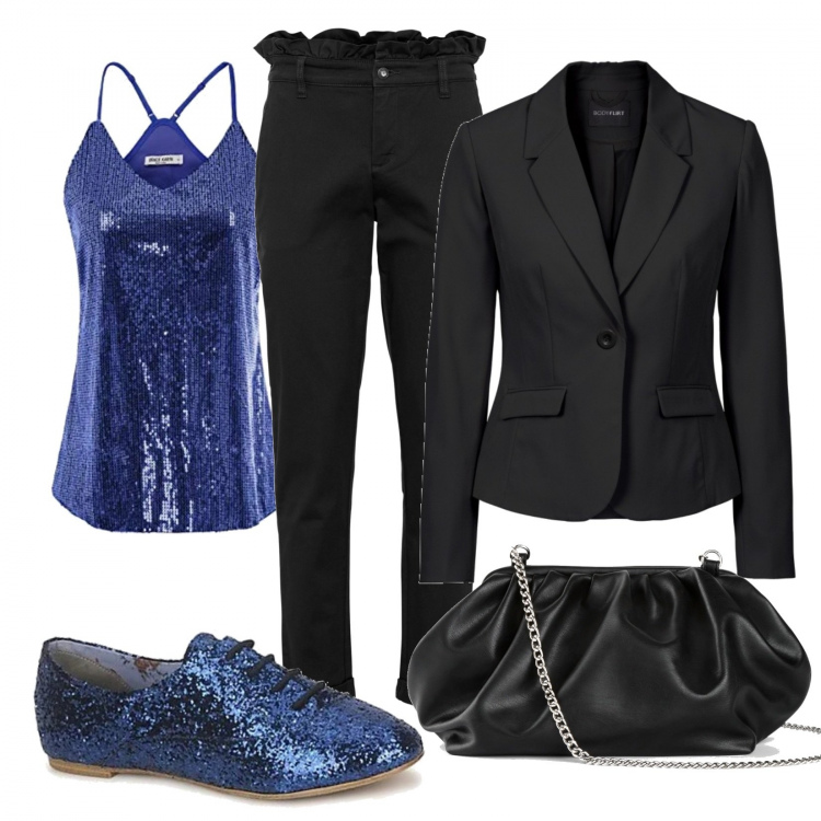 Outfit donna - Glitter blu. Stile Chic per Tutti i giorni. Abbinamento con blazer, pantaloni, borse a tracolla, scarpe stringate, camicie.