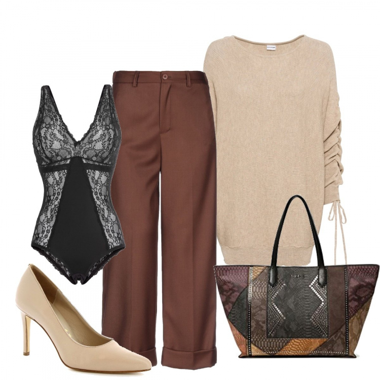 Outfit donna - Etnico #6981. Stile Etnico per Ufficio. Abbinamento con body, maglieria, pantaloni, décolleté, shopping bag.