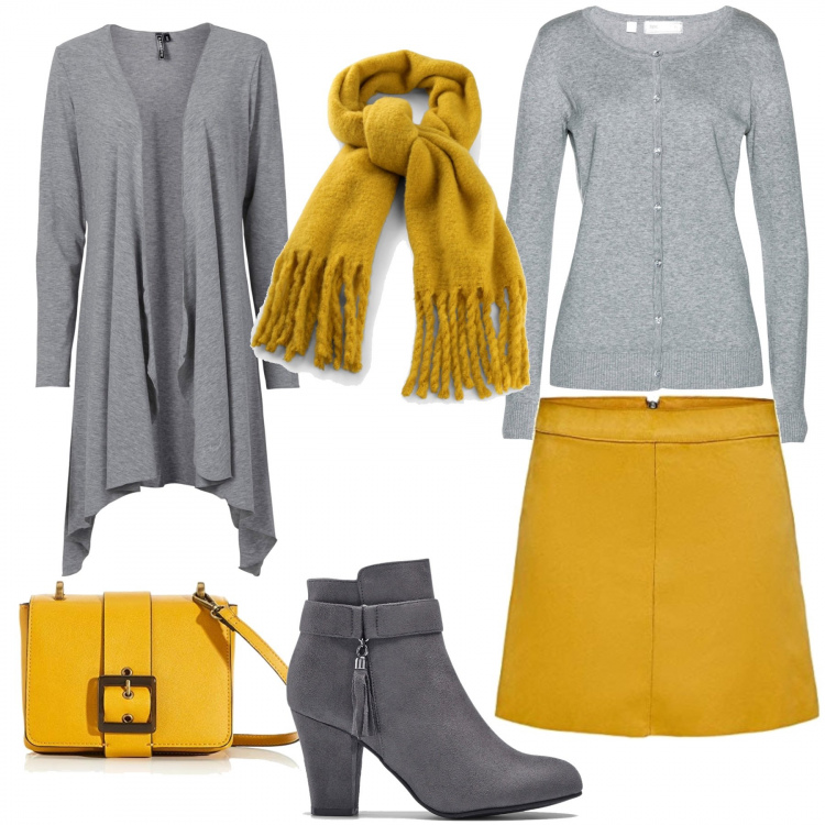 Outfit donna - Grigio e giallo. Stile Trendy per Ufficio. Abbinamento con cardigans, stivaletti, cardigans, sciarpe, gonne, borse a tracolla.