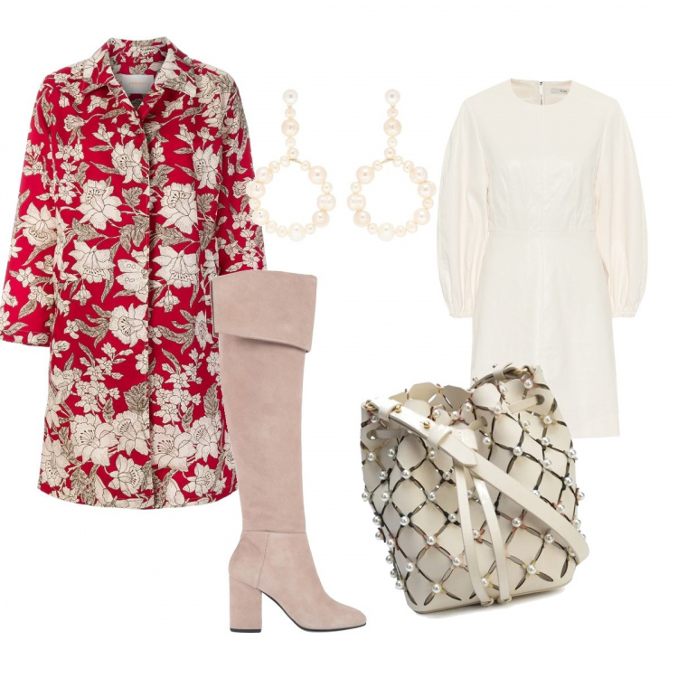 Outfit donna - Bon Ton #37191. Stile Bon Ton Abbinamento con borse a secchiello, cappotti, stivali, vestiti corti, orecchini.