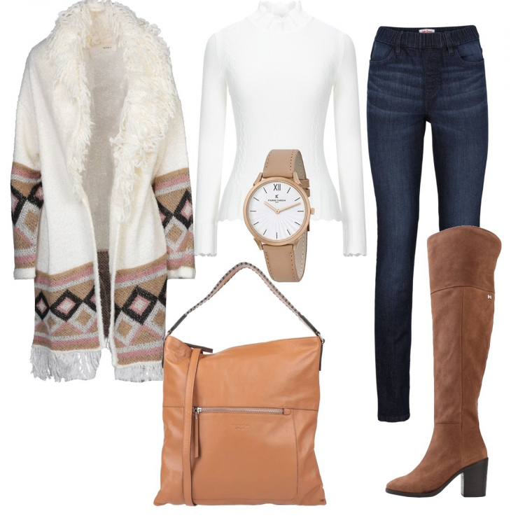 Outfit donna - Trendy #94988. Stile Trendy per Tutti i giorni. Abbinamento con jeggings, cardigans, stivali, borse a mano, pullovers, orologi.