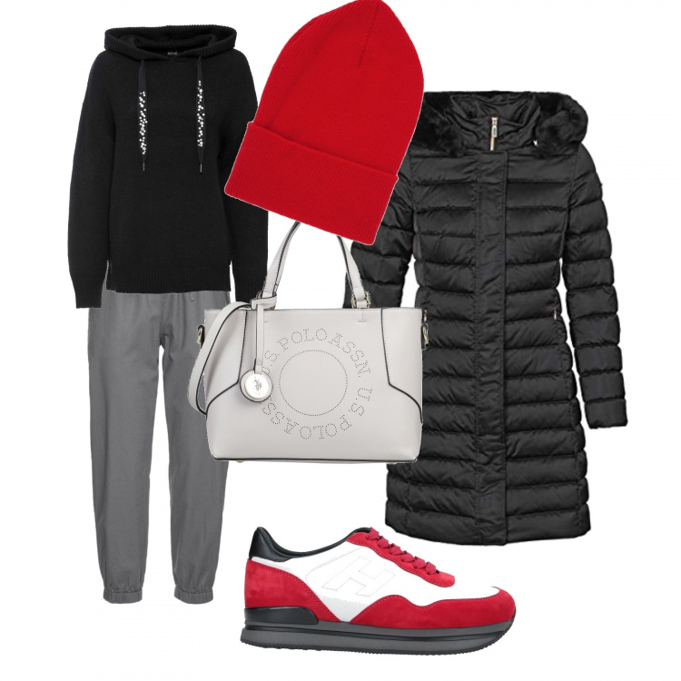 Outfit donna - A spasso per le feste. Stile Basic per Tutti i giorni. Abbinamento con pantaloni, maglieria, sneakers, borse a mano, berretti, piumini.