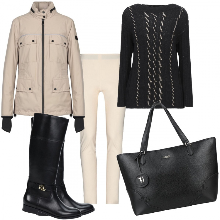 Outfit donna - Comoda, calda, a passeggio!. Stile Trendy per Tutti i giorni. Abbinamento con pullovers, giacche, borse a mano, stivali, pantaloni.