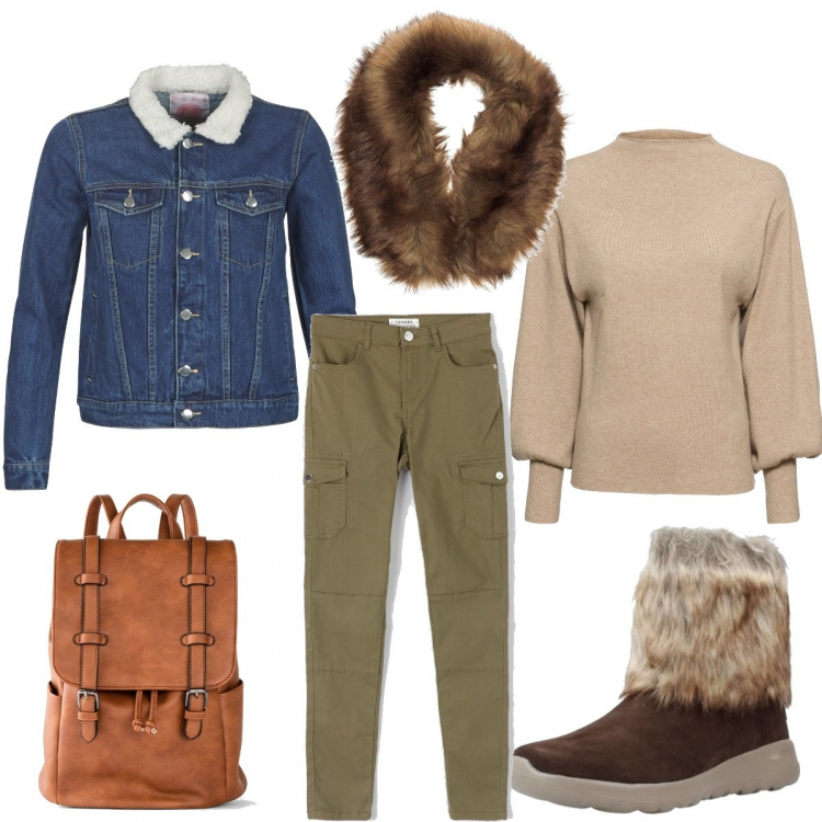 Outfit donna - Ecopelliccia calda..e trendy!. Stile Trendy per Scuola/Università. look ideale per Tall. Abbinamento con maglieria, zaini, pantaloni, stivaletti, giacche, stole.