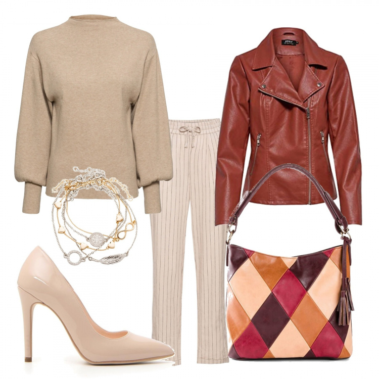 Outfit donna - La borsa a scacchi. Stile Trendy per Tutti i giorni. Abbinamento con maglieria, shopping bag, pantaloni, braccialetti con ciondoli, blazer, décolleté.