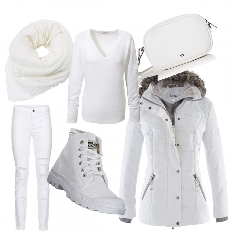 Outfit donna - Basic #49295. Stile Basic per Ufficio. Abbinamento con piumini, maglieria, pantaloni skinny, stivali, borse a spalla, sciarpe.