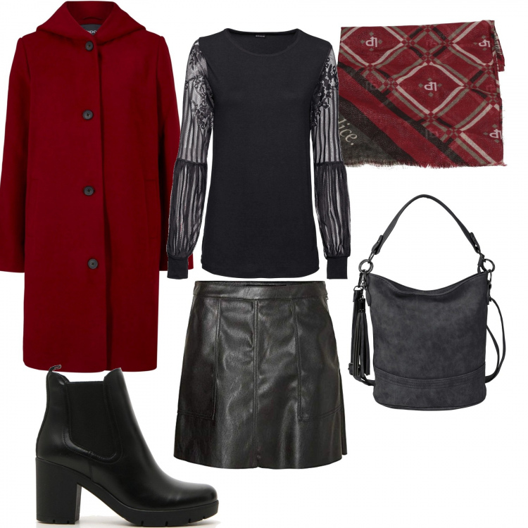 Outfit donna - Trendy #95093. Stile Trendy Abbinamento con bluse, cappotti, borse a tracolla, sciarpe, minigonne, stivaletti.
