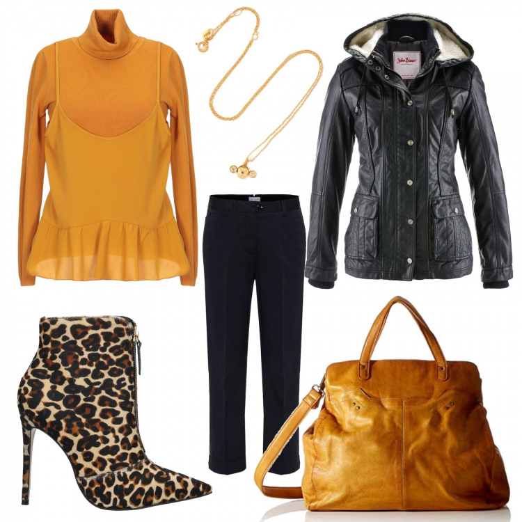 Outfit donna - Una marcia in più. Stile Trendy per Ufficio. Abbinamento con blazer, pullovers, collane, stivaletti, borse a tracolla, pantaloni.
