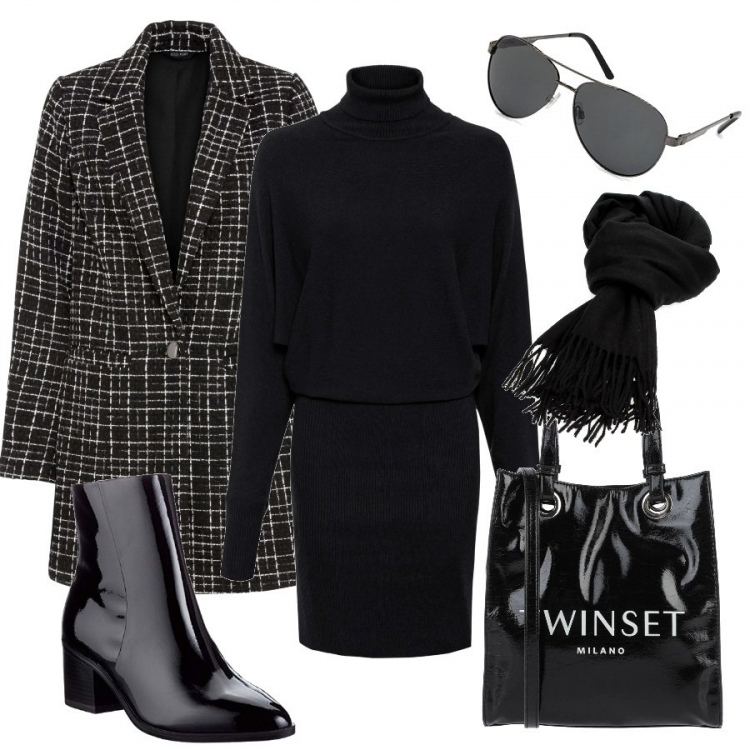 Outfit donna - Consigli del giorno. Stile Trendy per Tutti i giorni. Abbinamento con borse a mano, vestiti, vestiti asimmetrici, sciarpe, stivaletti, occhiali da sole.