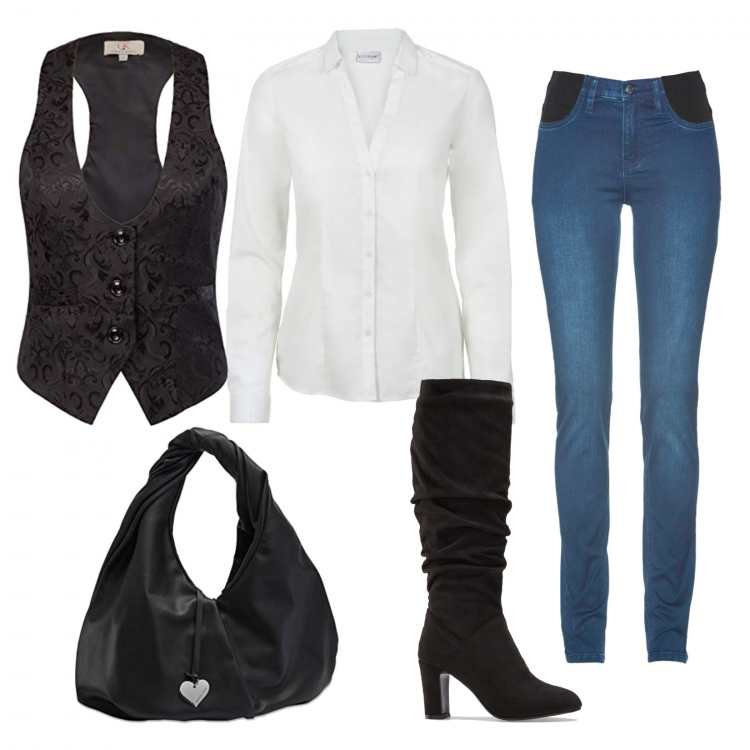 Outfit donna - Jeans e gilet. Stile Trendy per Tutti i giorni. Abbinamento con jeans skinny, camicie, stivali sopra il ginocchio, gilet, borse tote.