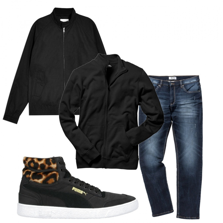Outfit uomo - Casual #27075. Stile Casual per Tutti i giorni. Abbinamento con felpe, jeans slim fit, sneakers alte, cappotti.