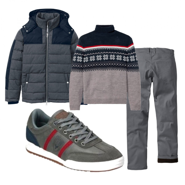 Outfit uomo - Casual #27080. Stile Casual per Tutti i giorni. Abbinamento con maglieria, pantaloni, piumini, sneakers.