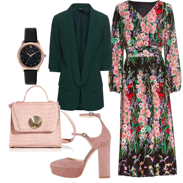 Outfit donna - Ricoperta di fiori. Stile Trendy per Serata fuori. Abbinamento con blazer, vestiti, décolleté, borse a tracolla, orologi.