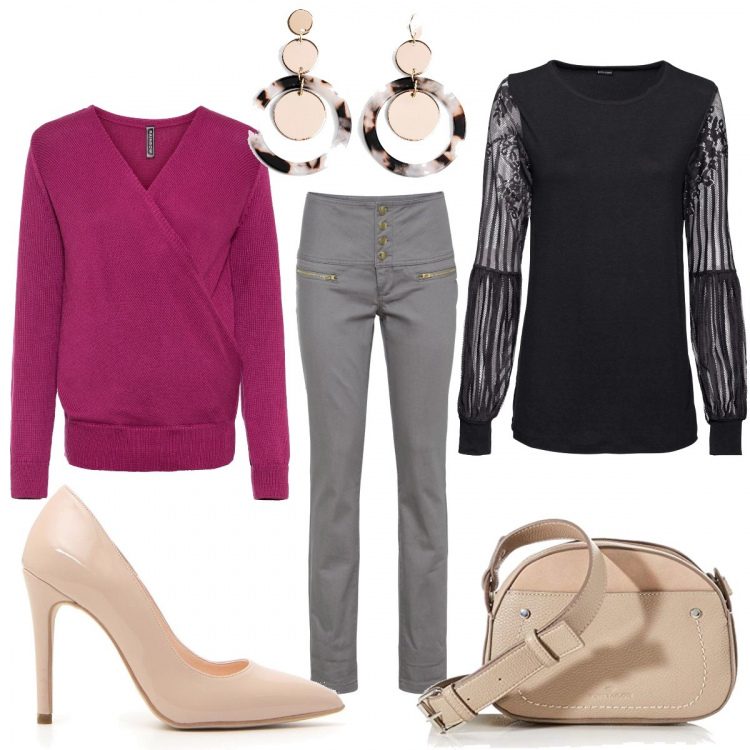 Outfit donna - Basic #49332. Stile Basic per Tutti i giorni. Abbinamento con bluse, maglioni, pantaloni, orecchini, décolleté, borse a tracolla.