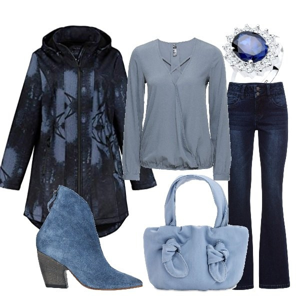 Outfit donna - Blu e azzurro cielo. Stile Basic per Tutti i giorni. Abbinamento con jeans bootcut, bluse, stivaletti, parka, anelli, borse a mano.