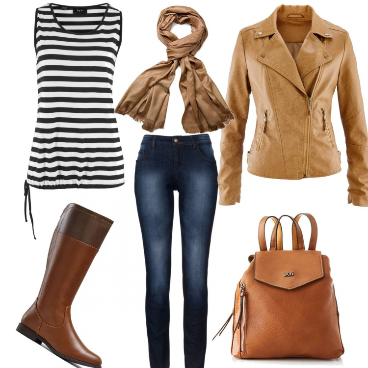 Outfit donna - Urban #35166. Stile Urban per Tutti i giorni. Abbinamento con jeans skinny, stivali, blazer, top, zaini, sciarpe.