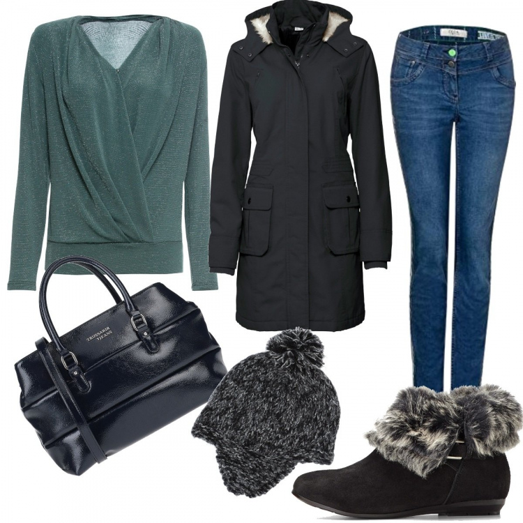 Outfit donna - Giornata Sprint. per Tutti i giorni. Abbinamento con parka, pullovers, stivaletti, borse a mano, cappelli, jeans slim fit.