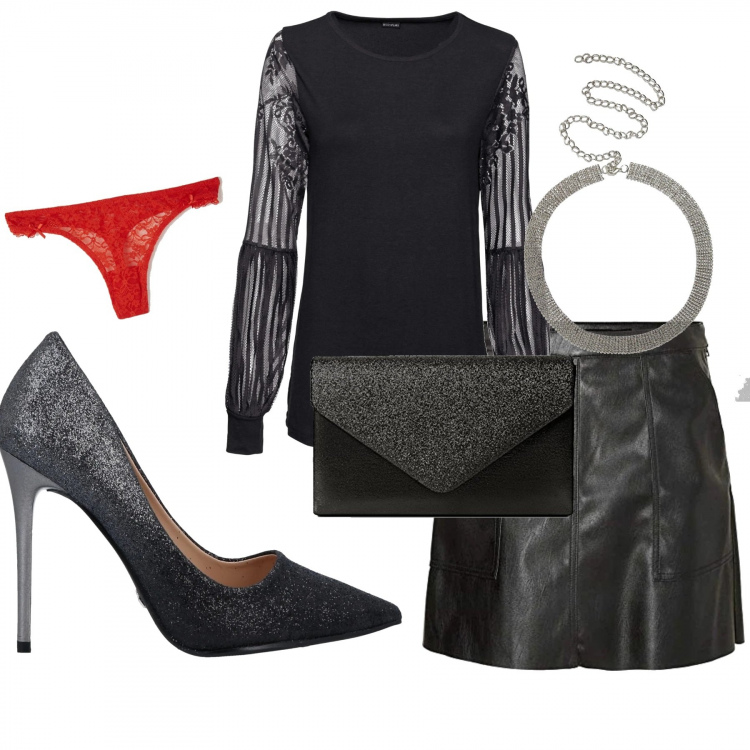 Outfit donna - Capodanno low cost. Stile Chic per Serata fuori. Abbinamento con bluse, décolleté, cinture, perizomi, minigonne, pochette.