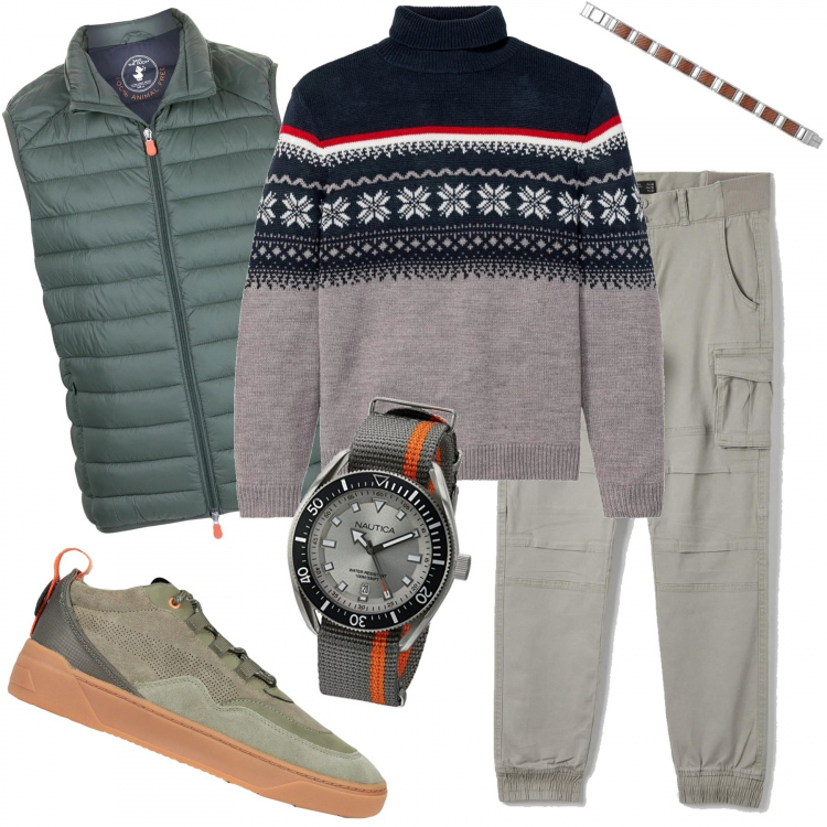 Outfit uomo - Scampagnata con gli amici. Stile Casual per Tutti i giorni. Abbinamento con maglieria, sneakers, pantaloni cargo, piumini, orologi analogici, braccialetti.