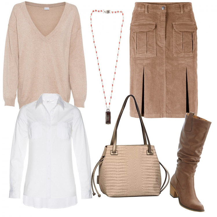 Outfit donna - Gonna cargo in velluto. Stile Basic per Tutti i giorni. Abbinamento con stivali, maglieria, gonne, camicie, collane, shopping bag.