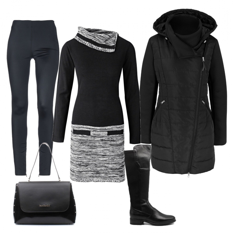 Outfit donna - Trendy #95208. Stile Trendy per Tutti i giorni. Abbinamento con vestiti, cappotti, leggings, stivali sopra il ginocchio, borse a spalla.