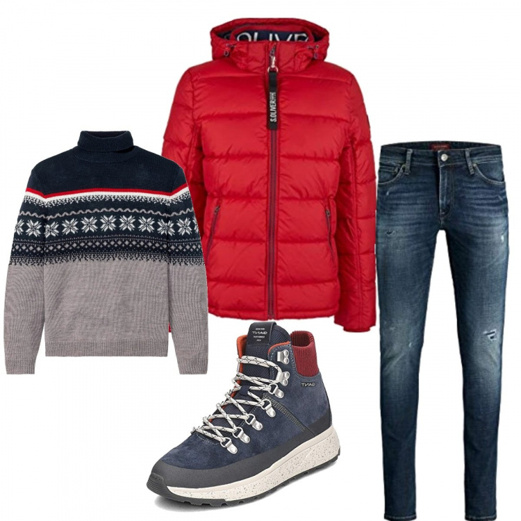 Outfit uomo - Capodanno nella baita. Stile Casual per Tutti i giorni. Abbinamento con maglieria, cappotti, jeans skinny, stivali da neve.