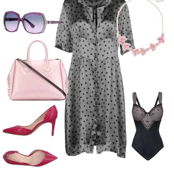 Outfit donna - Primavera-estate. Stile Bon Ton per Tutti i giorni. Abbinamento con body, décolleté con stampa e tacco geometrico a punta tinta unita, occhiali da sole lenti a specchio tinta unita.