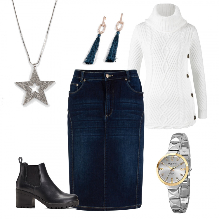 Outfit donna - Brillando homewear. Stile Trendy per Tutti i giorni. Abbinamento con gonne, stivaletti chelsea, maglioni, orecchini, ciondoli, orologi.