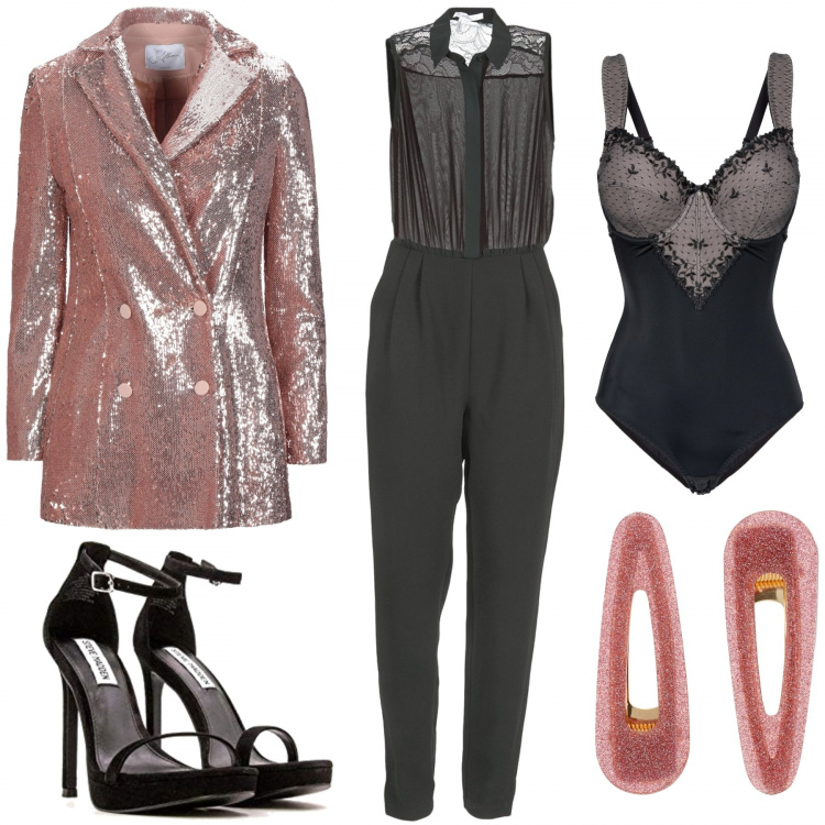 Outfit donna - Cena elegante. Stile Chic per Serata fuori. Abbinamento con body, blazer, tute, accessori per capelli, sandali col tacco.
