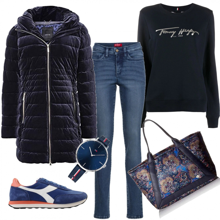 Outfit donna - Gennaio urban. Stile Urban per Tutti i giorni. Abbinamento con jeans slim fit, sneakers, maglioni, parka, borse tote, orologi analogici.