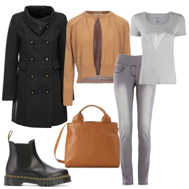 Outfit donna - Grigio e marrone. Stile Urban per Tutti i giorni. Abbinamento con jeans slim fit, cappotti, cardigans, stivaletti chelsea, t-shirt, borse a tracolla.