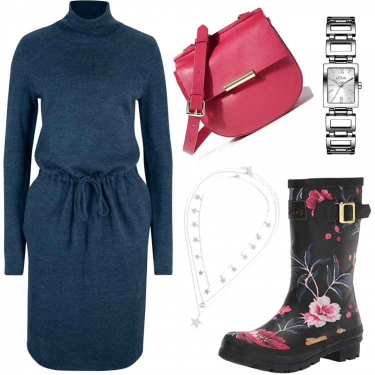 Outfit donna - Piove, senti come piove.... Stile Basic per Tutti i giorni. Abbinamento con vestiti, collane, stivali, borse a tracolla, orologi.
