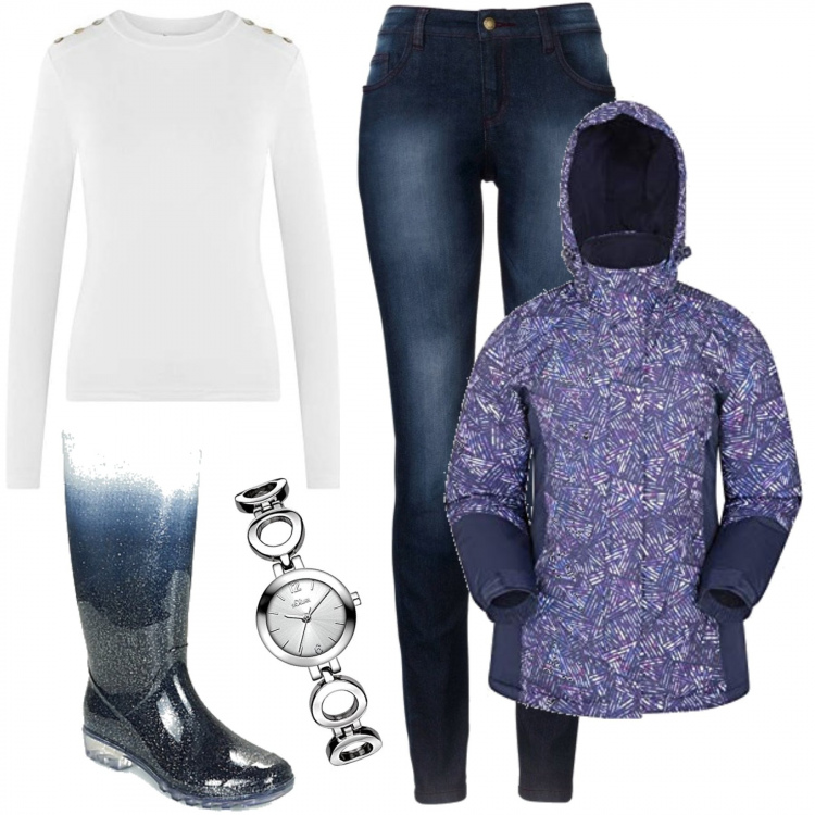 Outfit donna - Sotto la pioggia. Stile Basic per Tutti i giorni. Abbinamento con jeans skinny, stivali, piumini, maglieria, orologi.