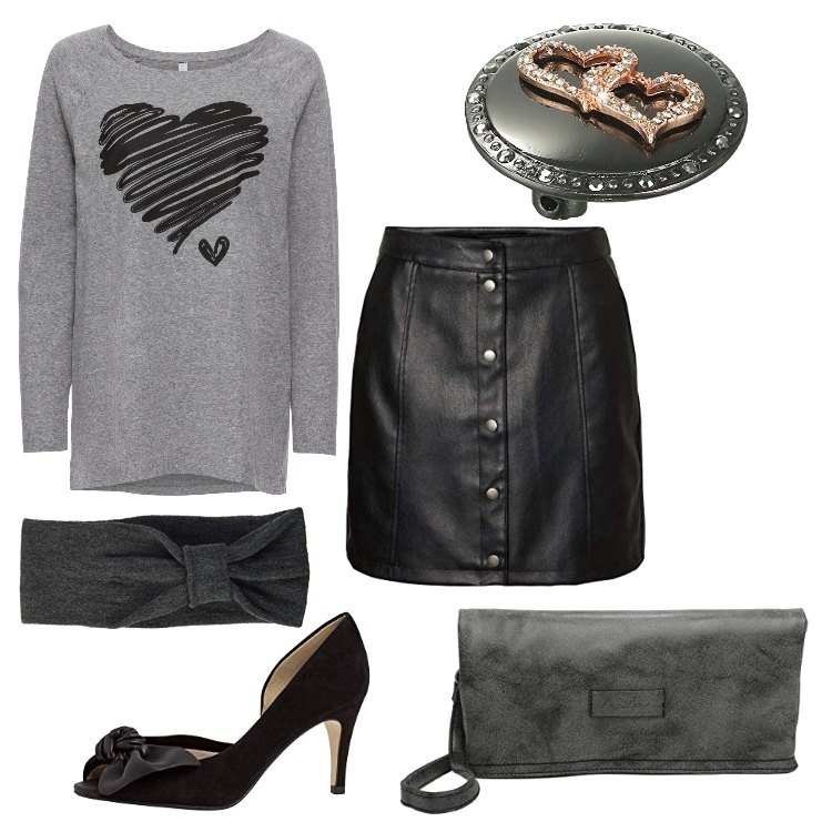 Outfit donna - Cuori e fiocchi. Stile Trendy per Tutti i giorni. Abbinamento con maglieria, minigonne, collane, scarpe col tacco, fasce per capelli, clutch.