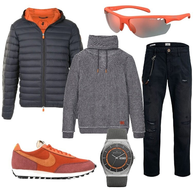 Outfit uomo - Grigio e arancione. Stile Casual per Tutti i giorni. Abbinamento con pantaloni chino, piumini, sneakers, maglioni, orologi analogici, occhiali da sole.