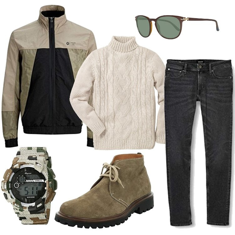 Outfit uomo - A fare un giretto. Stile Urban per Tutti i giorni. Abbinamento con maglieria, jeans, stivali e stivaletti, orologi, bomber, occhiali da sole.