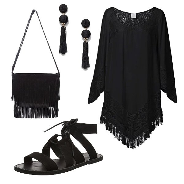 Outfit donna - Nerina. Stile Basic per Tutti i giorni. Abbinamento con vestiti da spiaggia, borsa a tracolla con frange nero, orecchini pendenti farfalla con perline e nappine oro, sandali nero.