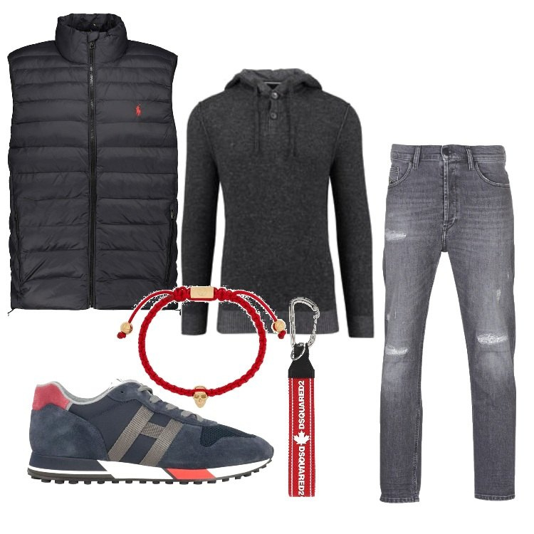 Outfit uomo - Total gray o quasi. Stile Casual per Tutti i giorni. Abbinamento con jeans, braccialetti, sneakers, gilet, portachiavi, cardigans.