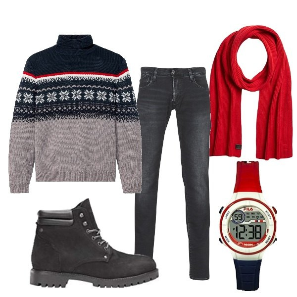 Outfit uomo - 2021 Colazione in baita. Stile Casual per Tutti i giorni. Abbinamento con maglieria, jeans, orologi, sciarpe, stivali.