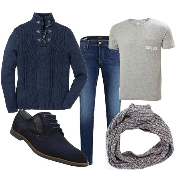 Outfit uomo - Casual blu e grigio. Stile Casual per Tutti i giorni. Abbinamento con sciarpe, maglioni, scarpe stringate, jeans, t-shirt.