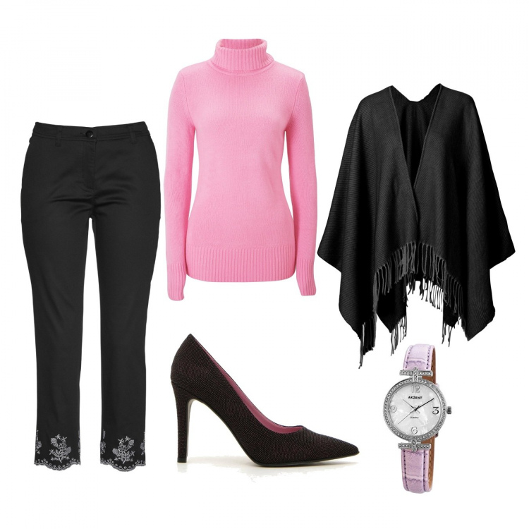 Outfit donna - Trendy #222. Stile Trendy per Serata fuori. Abbinamento con maglieria, pantaloni capri, cappotti, décolleté, orologi analogici.