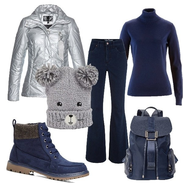 Outfit donna - Lupetto in montagna. Stile Trendy per Tutti i giorni. Abbinamento con maglieria, stivaletti, jeans a zampa, zaini, cappotti, cappelli con visiera.
