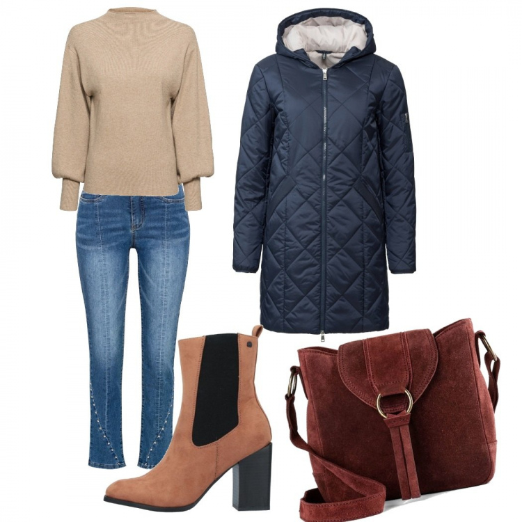 Outfit donna - Basic, total look. Stile Basic per Tutti i giorni. Abbinamento con maglieria, cappotti, jeans dritti, borse a tracolla, stivaletti.